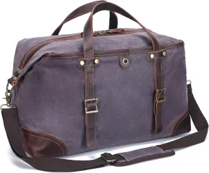 Large Capacity Waterproof Waxed Canvas & Genuine Leather Travel Duffel Bag,TSA Friendly - Grey