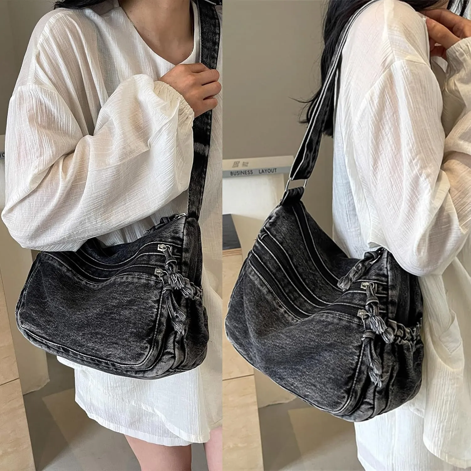 Large Denim Purses for Women Denim Tote Bag Casual Retro Crossbody Lightweight Shoulder Bag Canvas Handbags