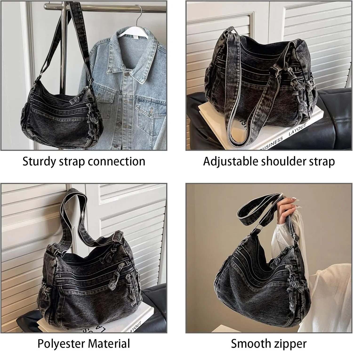 Large Denim Purses for Women Denim Tote Bag Casual Retro Crossbody Lightweight Shoulder Bag Canvas Handbags