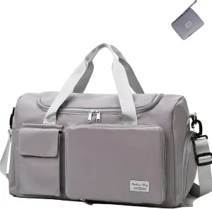 Large Foldable Travel Bag,Foldie Travel Duffel Bags Expandable Women Carry On Overnight Tote Handbag Sports Duffle,Folding Portable Tote Bags with Trolley Sleeve,Dry and Wet Separation(Gray)