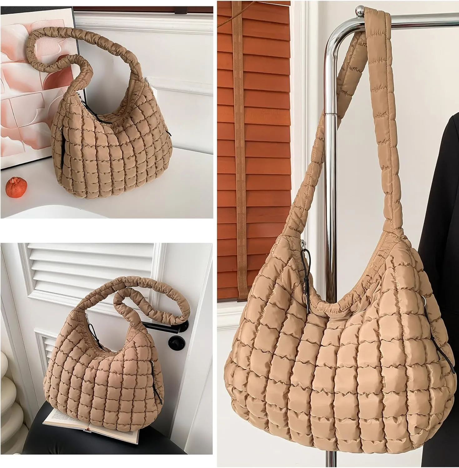 Large Quilted Carryall Puffer Shoulder Bag - Lightweight Quilted Padding Hobo Bag