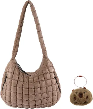 Large Quilted Carryall Puffer Shoulder Bag - Lightweight Quilted Padding Hobo Bag