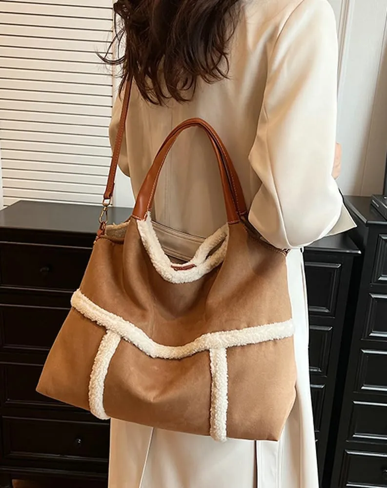 Large Suede Tote Bag for Women Vintage Lamb Wool Lined Shoulder Bag Crossbody Purse Top Handle Satchel Purse Work