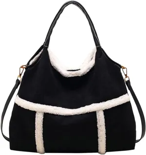 Large Suede Tote Bag for Women Vintage Lamb Wool Lined Shoulder Bag Crossbody Purse Top Handle Satchel Purse Work