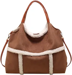 Large Suede Tote Bag for Women Vintage Lamb Wool Lined Shoulder Bag Crossbody Purse Top Handle Satchel Purse Work