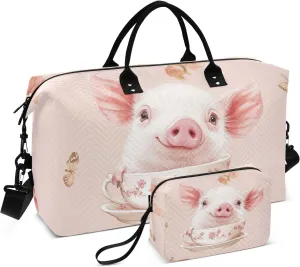 Large Travel Bag Overnight Carry On Tote and Luggage Sport Training Bag with Adjustable Strap for Gym Foldable Aesthetic Teacup Pig Blush