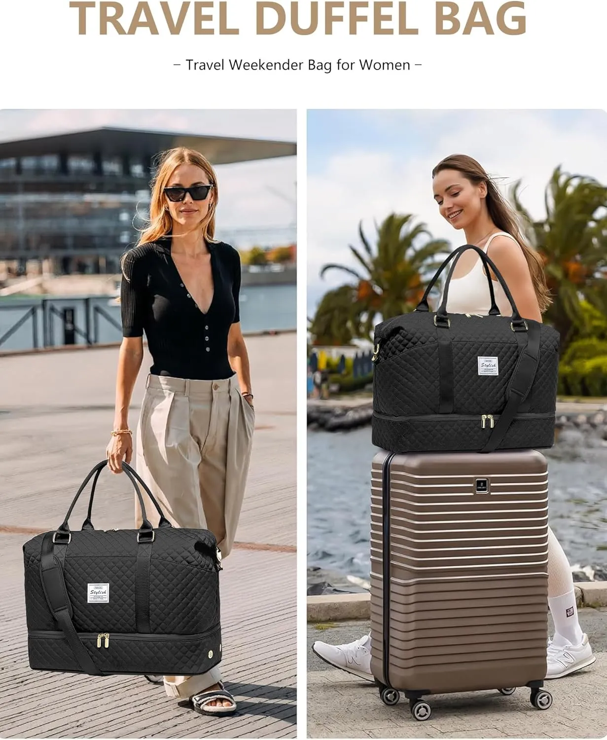 Large Women Travel Duffle Bag - Carry on Overnight Bags Weekend Travel Duffel Tote with Wet Pocket Weekender for Travel Business Trips Sports Hospital Black 3 Pcs Set