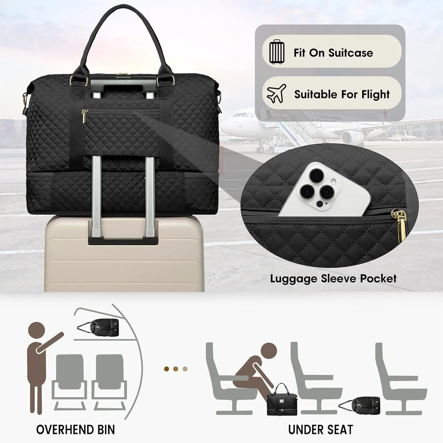 Large Women Travel Duffle Bag - Carry on Overnight Bags Weekend Travel Duffel Tote with Wet Pocket Weekender for Travel Business Trips Sports Hospital Black 3 Pcs Set