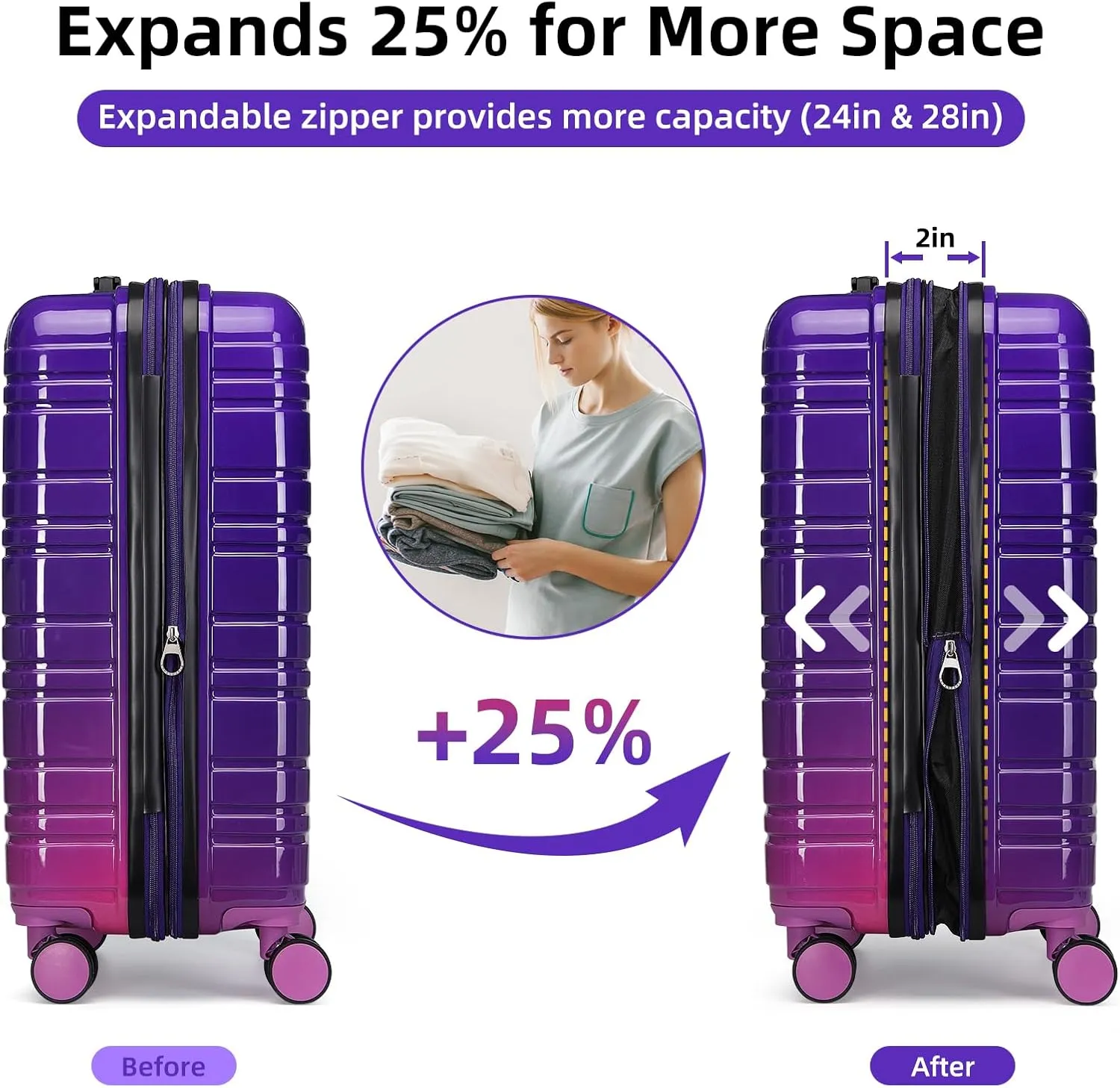 LARVENDER Luggage Sets 6 Piece, Expandable PC ABS Hardside Multicolor Suitcase Sets with TSA Lock Double Spinner Wheels, Midnight Berry