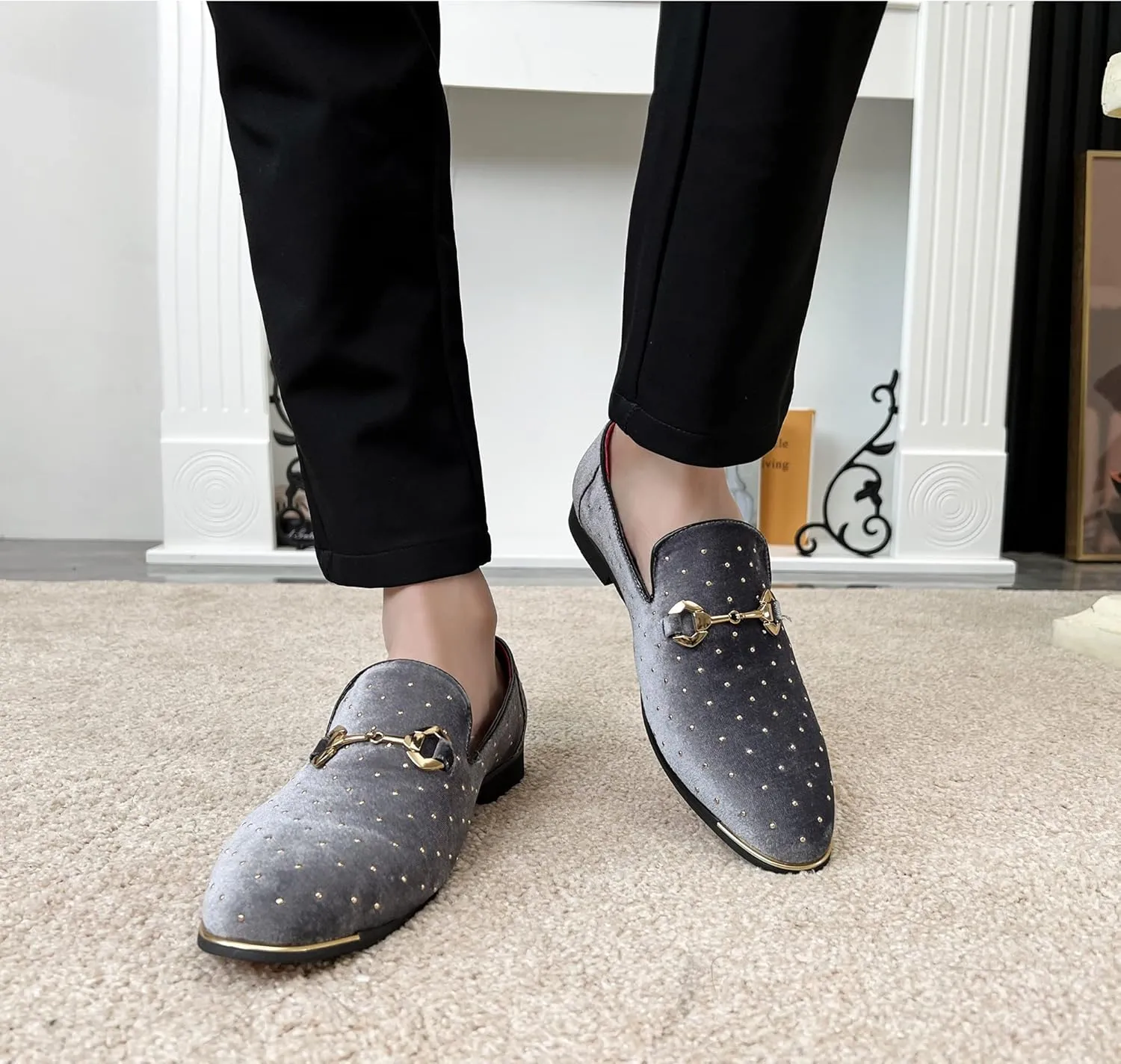 LCQL Men's Noble Suede Loafers Shoes Slip-on Dress Shoes with Gold Rivet Party Dancing Shoes Plus Size 7-12.5