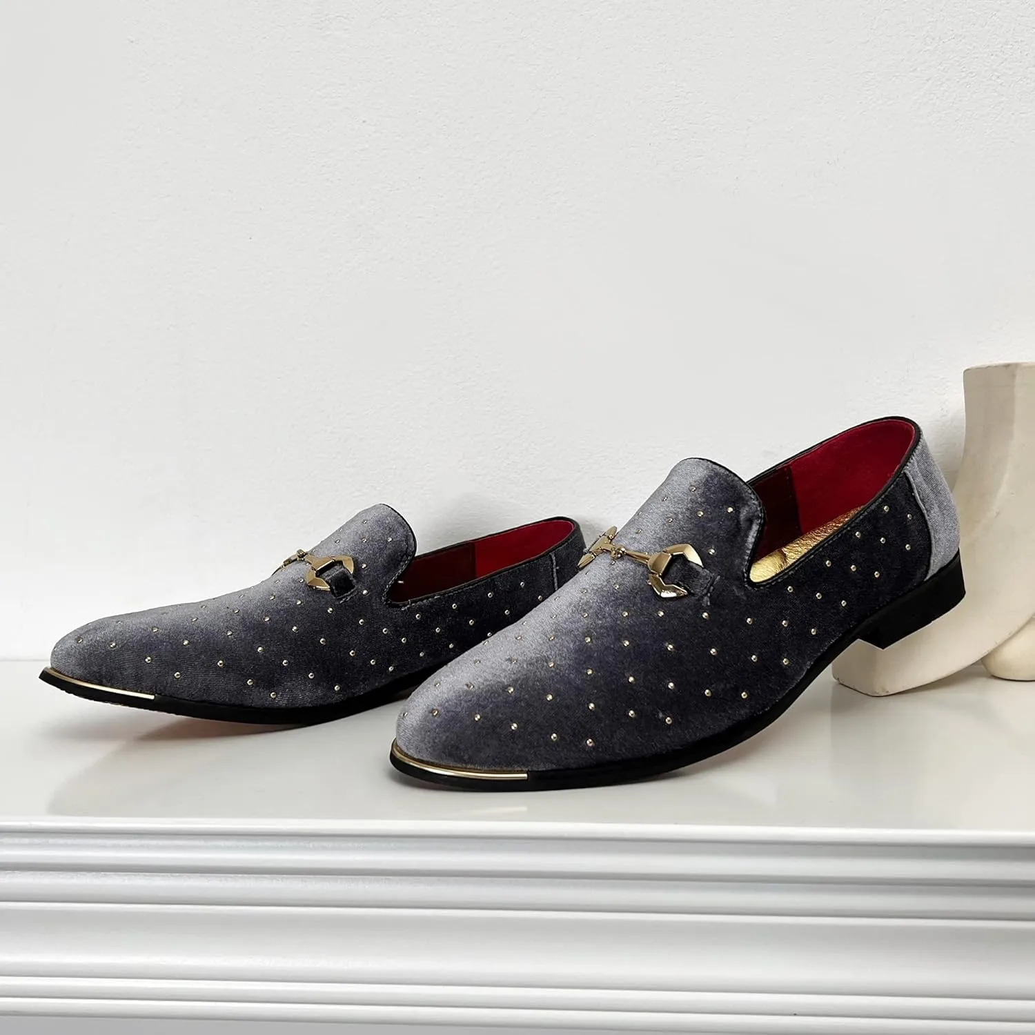 LCQL Men's Noble Suede Loafers Shoes Slip-on Dress Shoes with Gold Rivet Party Dancing Shoes Plus Size 7-12.5