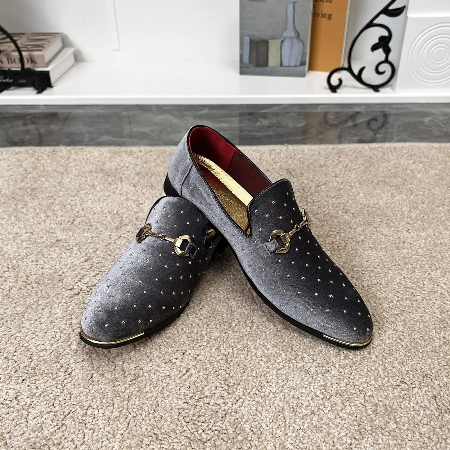 LCQL Men's Noble Suede Loafers Shoes Slip-on Dress Shoes with Gold Rivet Party Dancing Shoes Plus Size 7-12.5