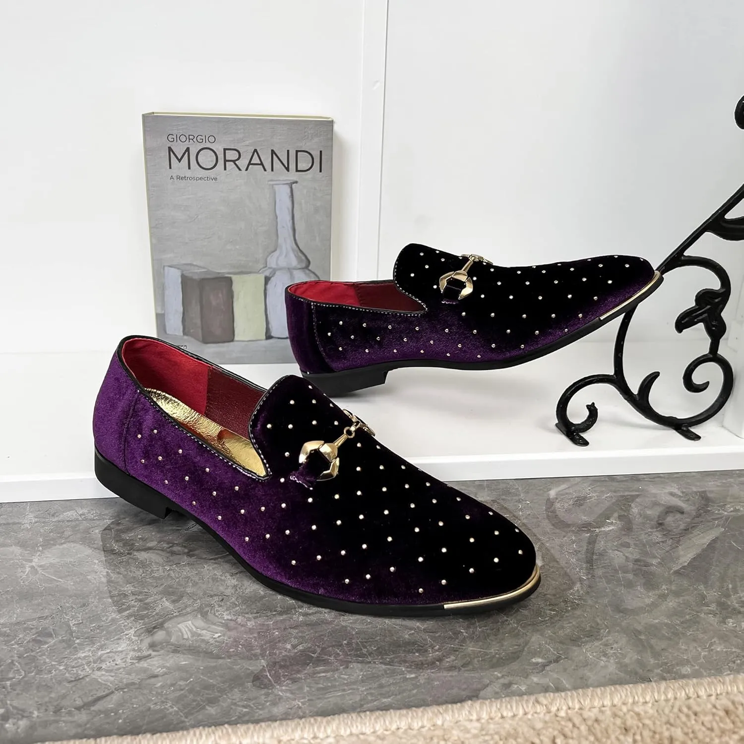 LCQL Men's Noble Suede Loafers Shoes Slip-on Dress Shoes with Gold Rivet Party Dancing Shoes Plus Size 7-12.5