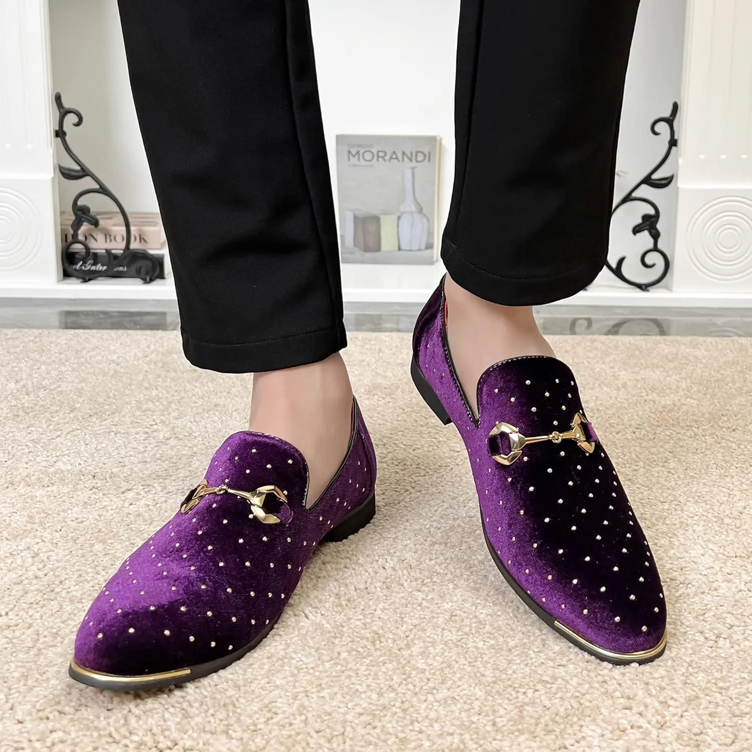 LCQL Men's Noble Suede Loafers Shoes Slip-on Dress Shoes with Gold Rivet Party Dancing Shoes Plus Size 7-12.5