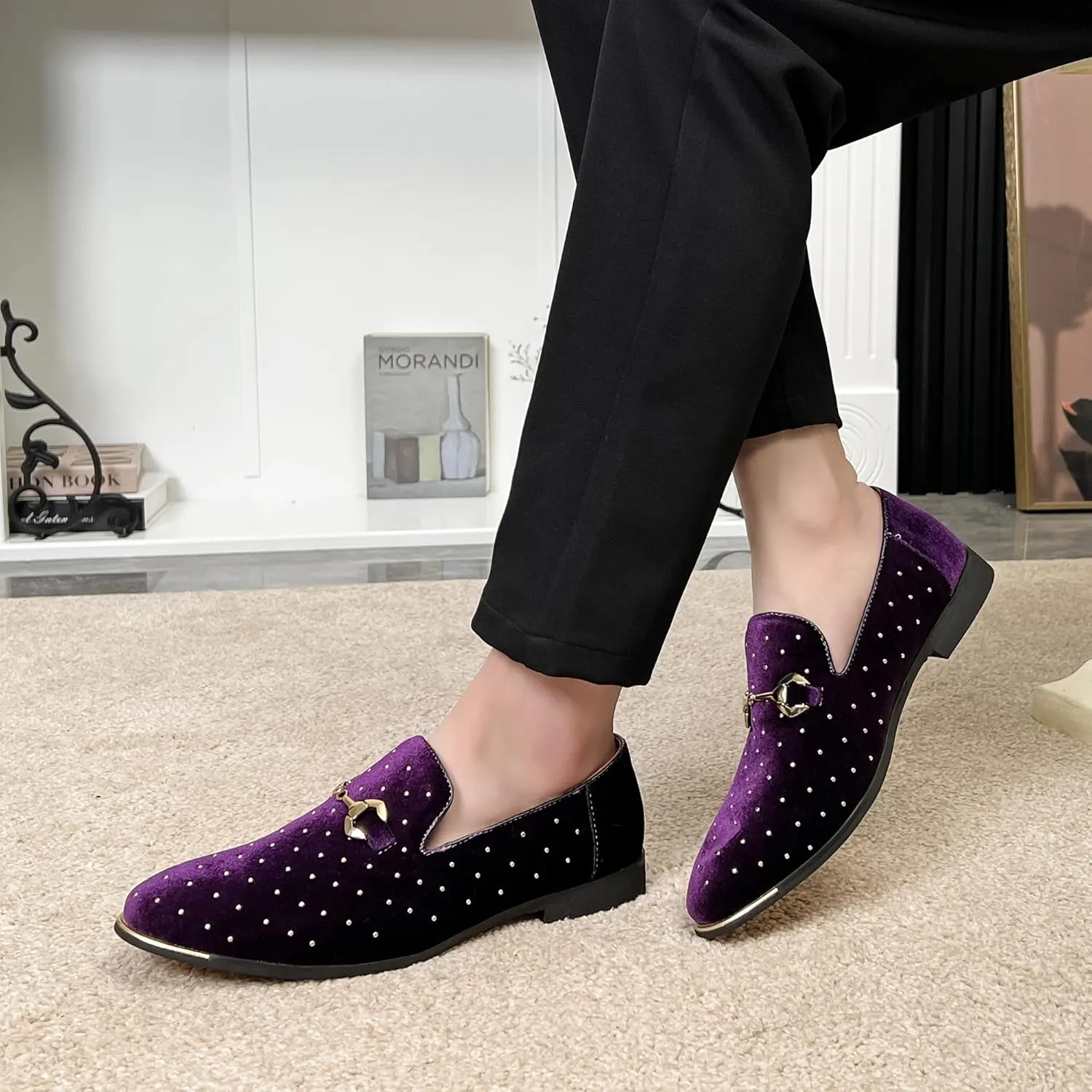LCQL Men's Noble Suede Loafers Shoes Slip-on Dress Shoes with Gold Rivet Party Dancing Shoes Plus Size 7-12.5
