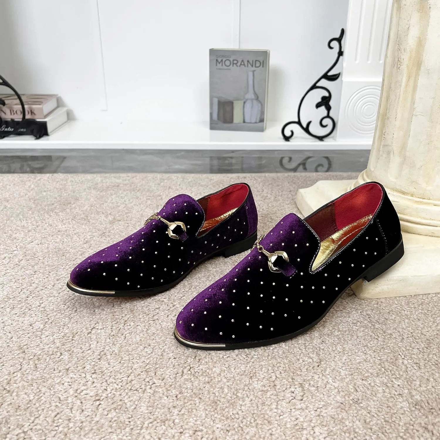 LCQL Men's Noble Suede Loafers Shoes Slip-on Dress Shoes with Gold Rivet Party Dancing Shoes Plus Size 7-12.5