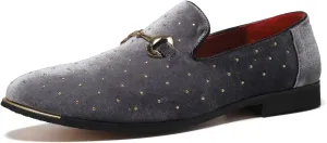 LCQL Men's Noble Suede Loafers Shoes Slip-on Dress Shoes with Gold Rivet Party Dancing Shoes Plus Size 7-12.5