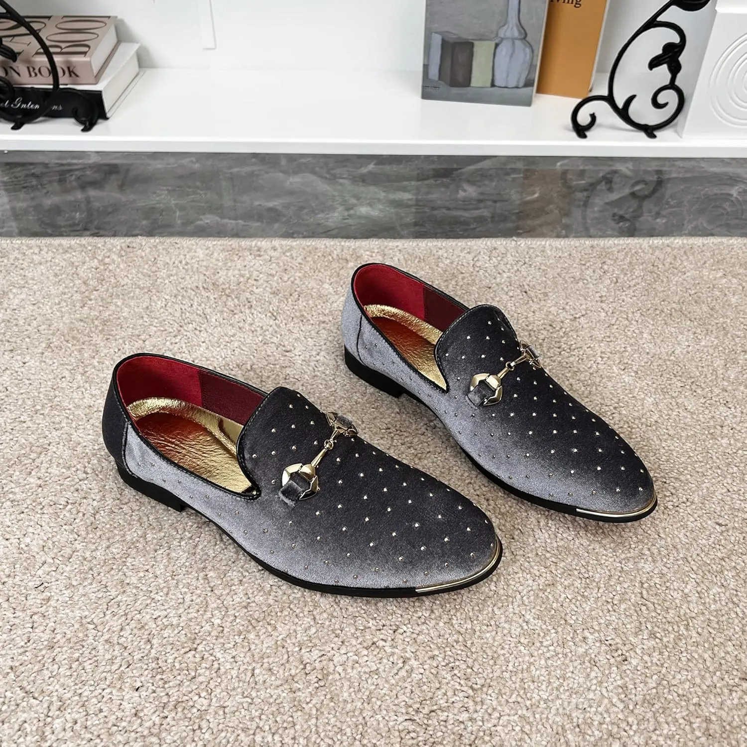 LCQL Men's Noble Suede Loafers Shoes Slip-on Dress Shoes with Gold Rivet Party Dancing Shoes Plus Size 7-12.5