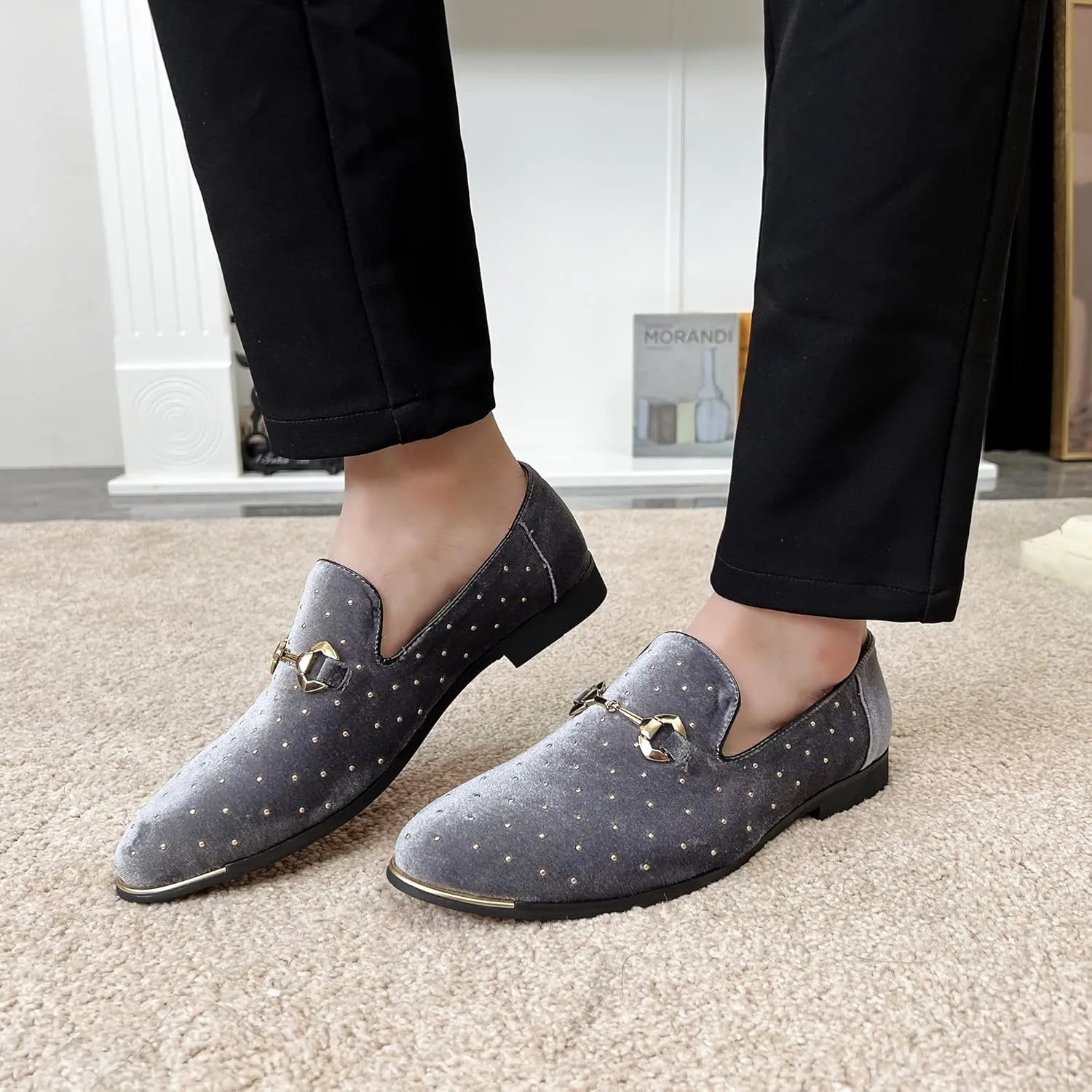LCQL Men's Noble Suede Loafers Shoes Slip-on Dress Shoes with Gold Rivet Party Dancing Shoes Plus Size 7-12.5
