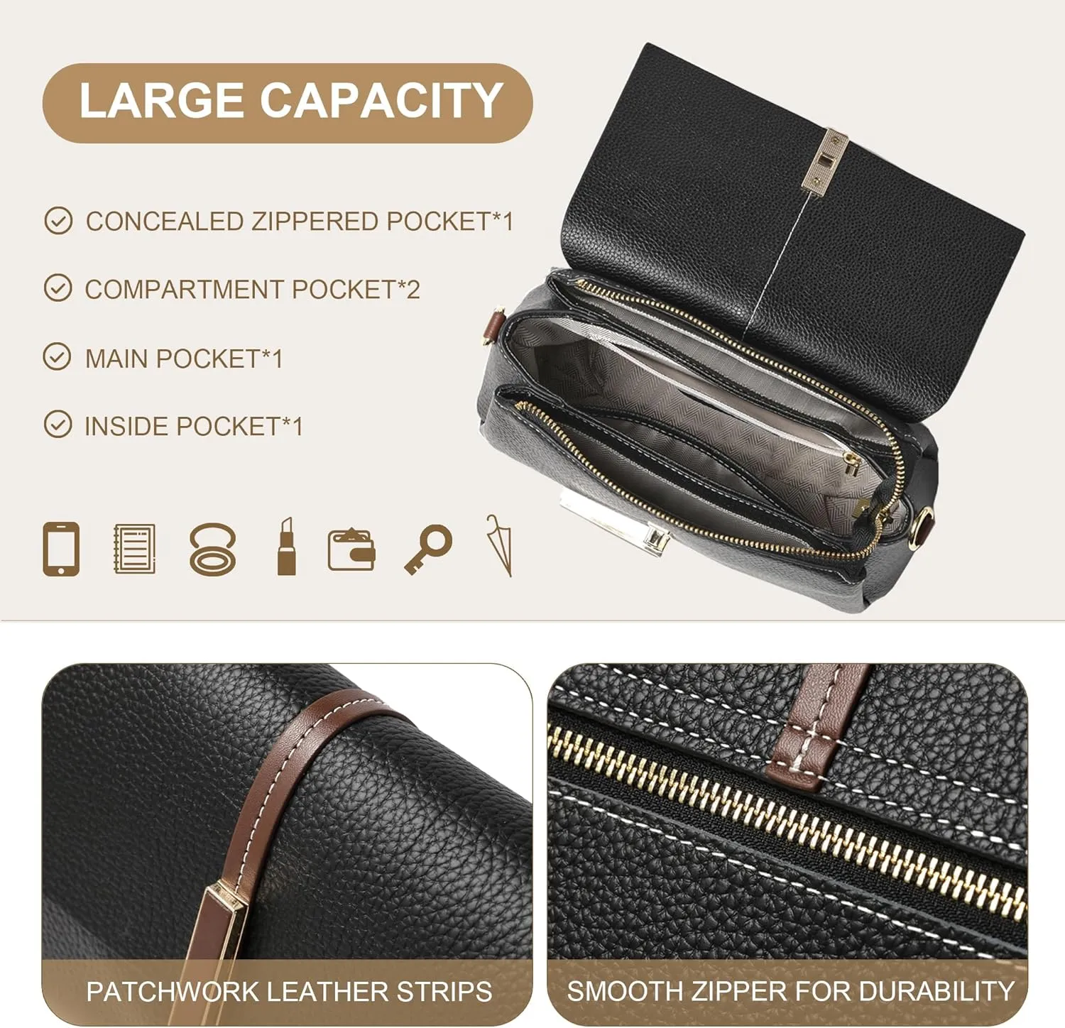 Leather Crossbody Bags for Women Large Capacity Women's Bags Multi-Compartment Shoulder Bag With 2 Shoulder Straps
