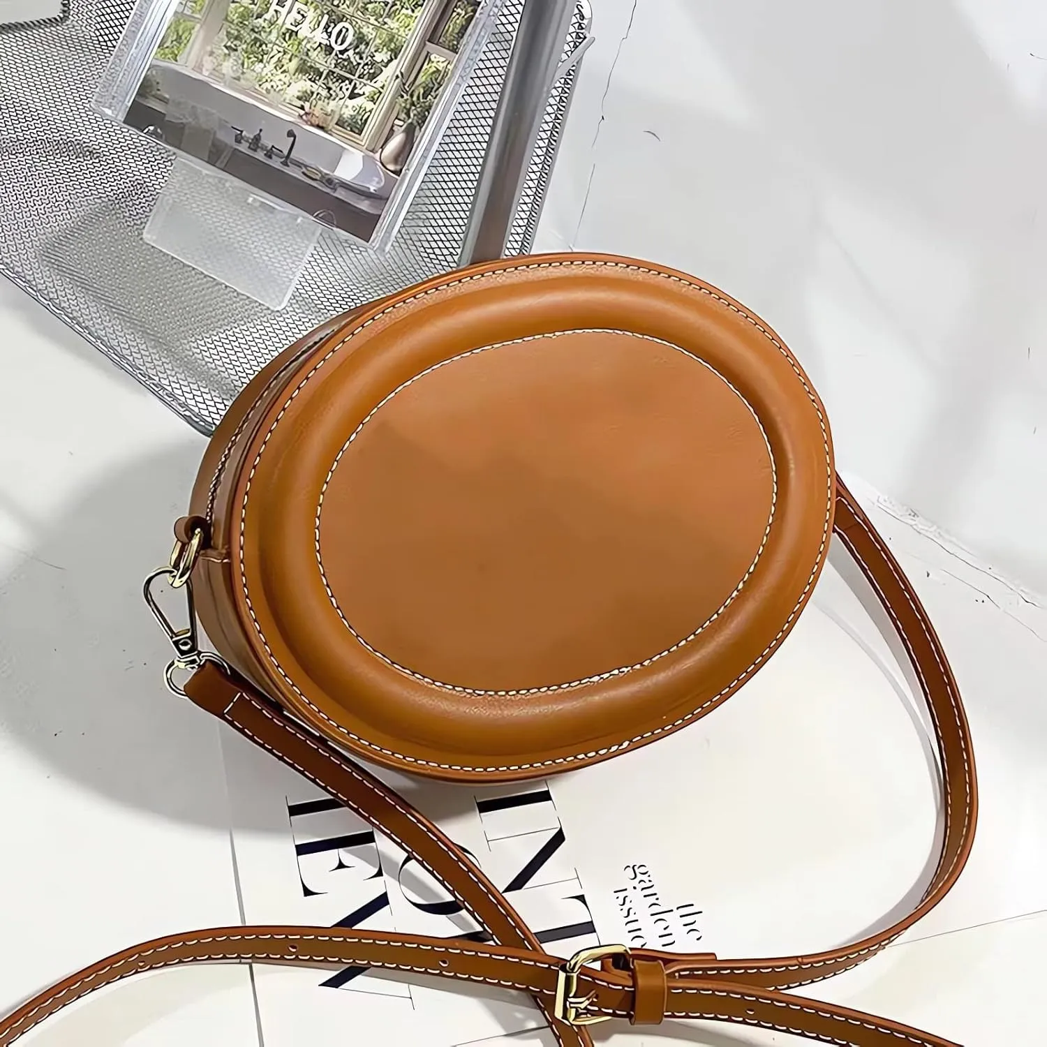 Leather Designer Female Crossbody Bags and Chain Handbags,Women's Purses Quilted Shoulder Round Satchel Bags