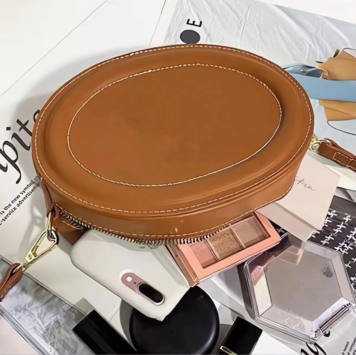 Leather Designer Female Crossbody Bags and Chain Handbags,Women's Purses Quilted Shoulder Round Satchel Bags