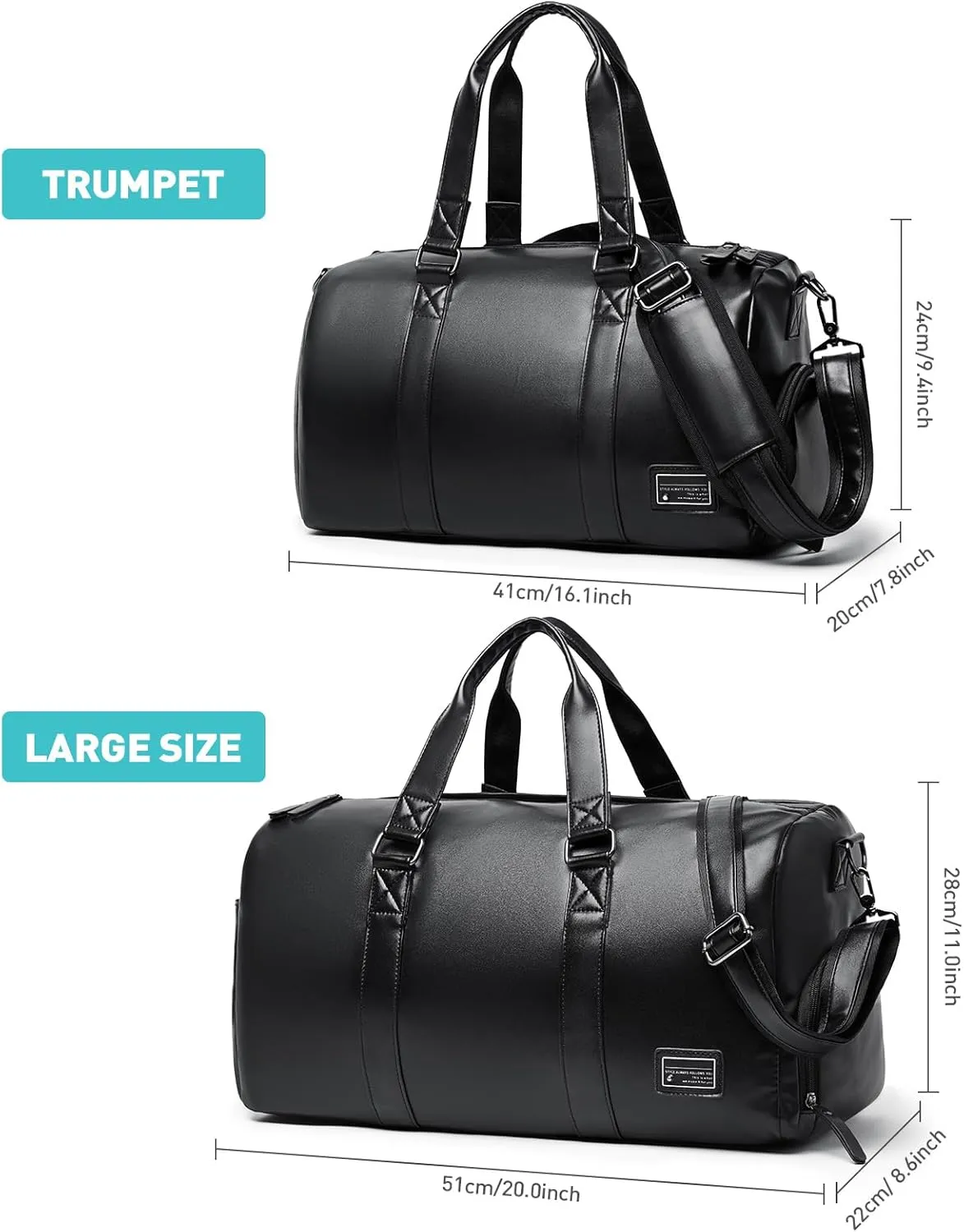 Leather Gym Fitness Bag for Men Women with Shoe Compartment 20L PU Leather Weekender Travel Duffel Bag Waterproof Overnight Gym Sports Carry-On Bag Black