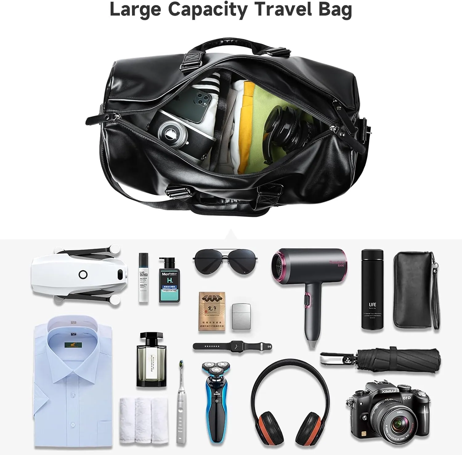 Leather Gym Fitness Bag for Men Women with Shoe Compartment 20L PU Leather Weekender Travel Duffel Bag Waterproof Overnight Gym Sports Carry-On Bag Black