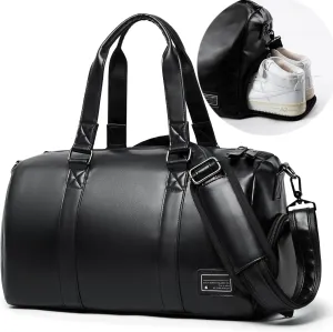 Leather Gym Fitness Bag for Men Women with Shoe Compartment 20L PU Leather Weekender Travel Duffel Bag Waterproof Overnight Gym Sports Carry-On Bag Black
