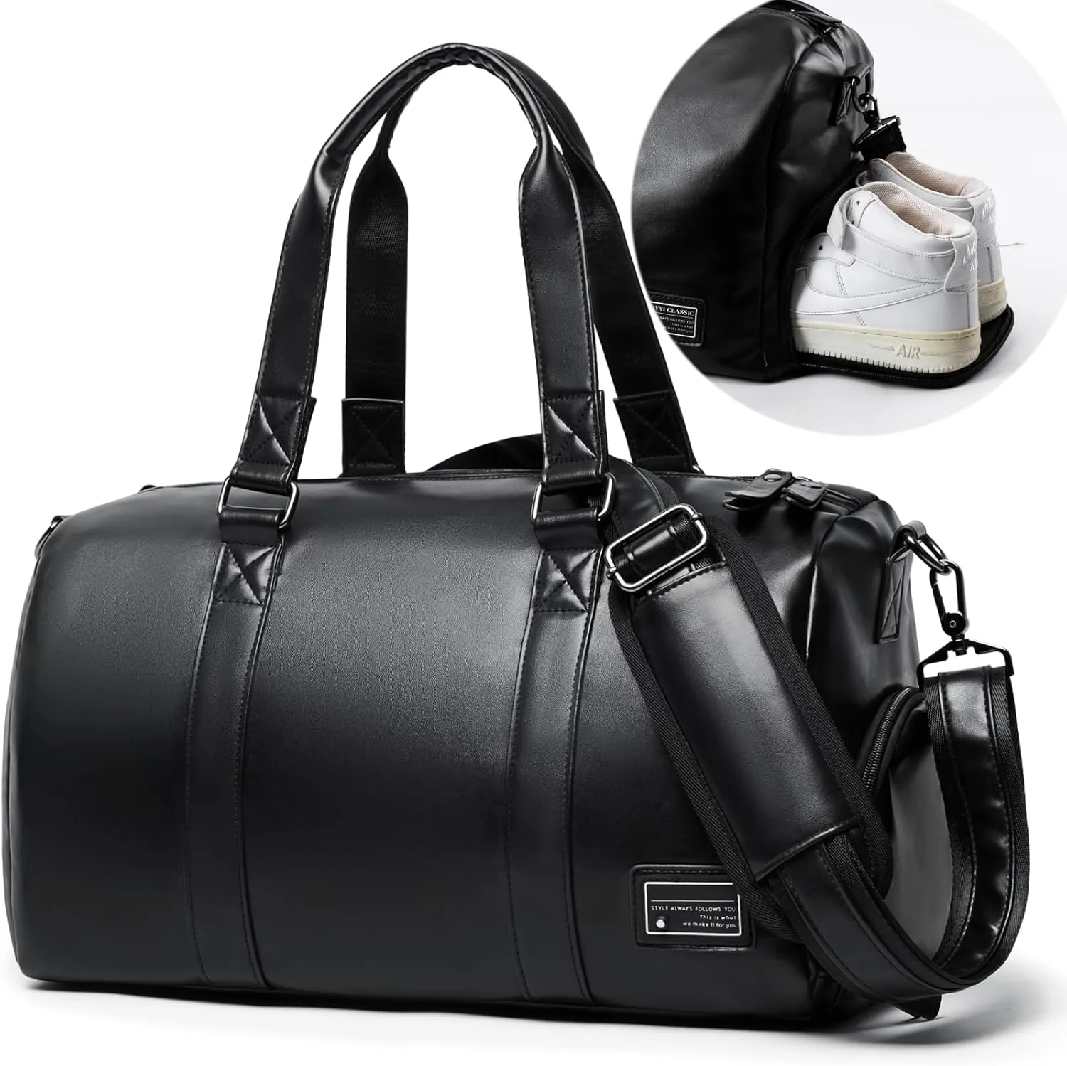 Leather Gym Fitness Bag for Men Women with Shoe Compartment 20L PU Leather Weekender Travel Duffel Bag Waterproof Overnight Gym Sports Carry-On Bag Black