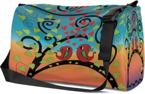 Leather Sport Gym Bag Lovely Couple Bird Pattern Weekender Bag for Women and Men Carry On Bag Twig Travel Duffel Bag