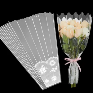 Leinuosen 150 Pcs Flower Bags for Bouquet Plastic Transparent Floral Wrapping Bags 11 x 17 Inch Clear Bouquet Sleeves Bulk with Lace Decor Disposable Flower Shop Packaging for Valentine's Day