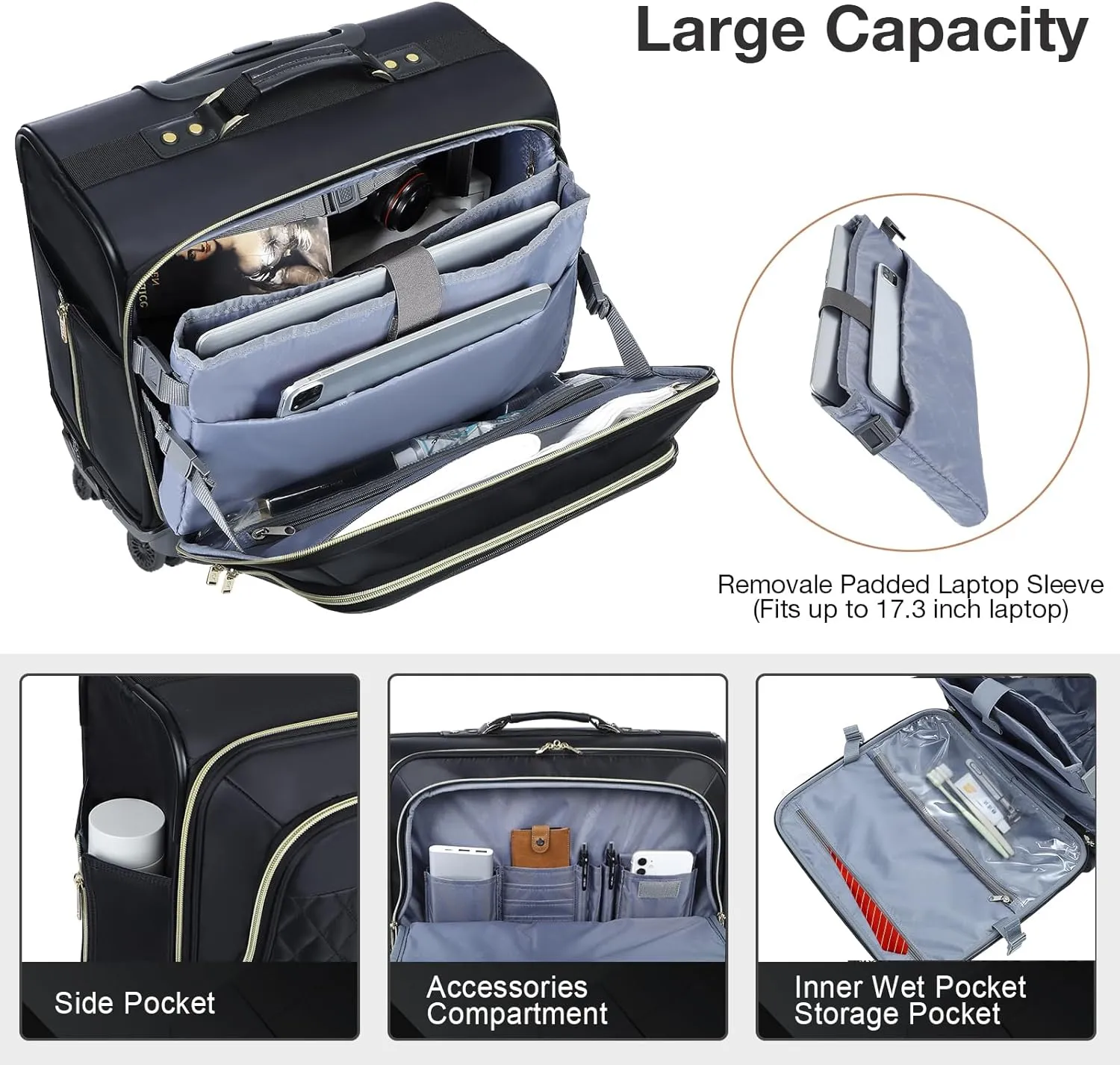 Lekebobor Rolling Laptop Bag Rolling Laptop Briefcase on Wheels for Women/Men Fits Up to 17.3Inch computer Bags Water Resistant for Work Travel and Business, Black Quilted