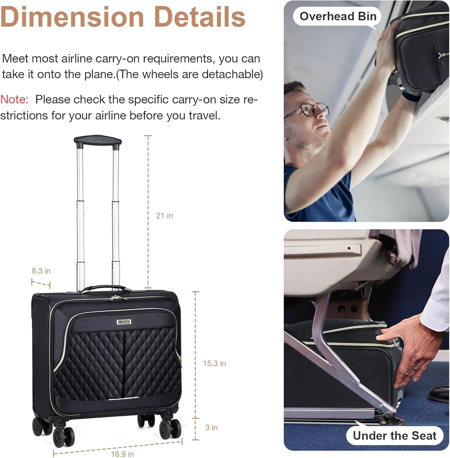 Lekebobor Rolling Laptop Bag Rolling Laptop Briefcase on Wheels for Women/Men Fits Up to 17.3Inch computer Bags Water Resistant for Work Travel and Business, Black Quilted