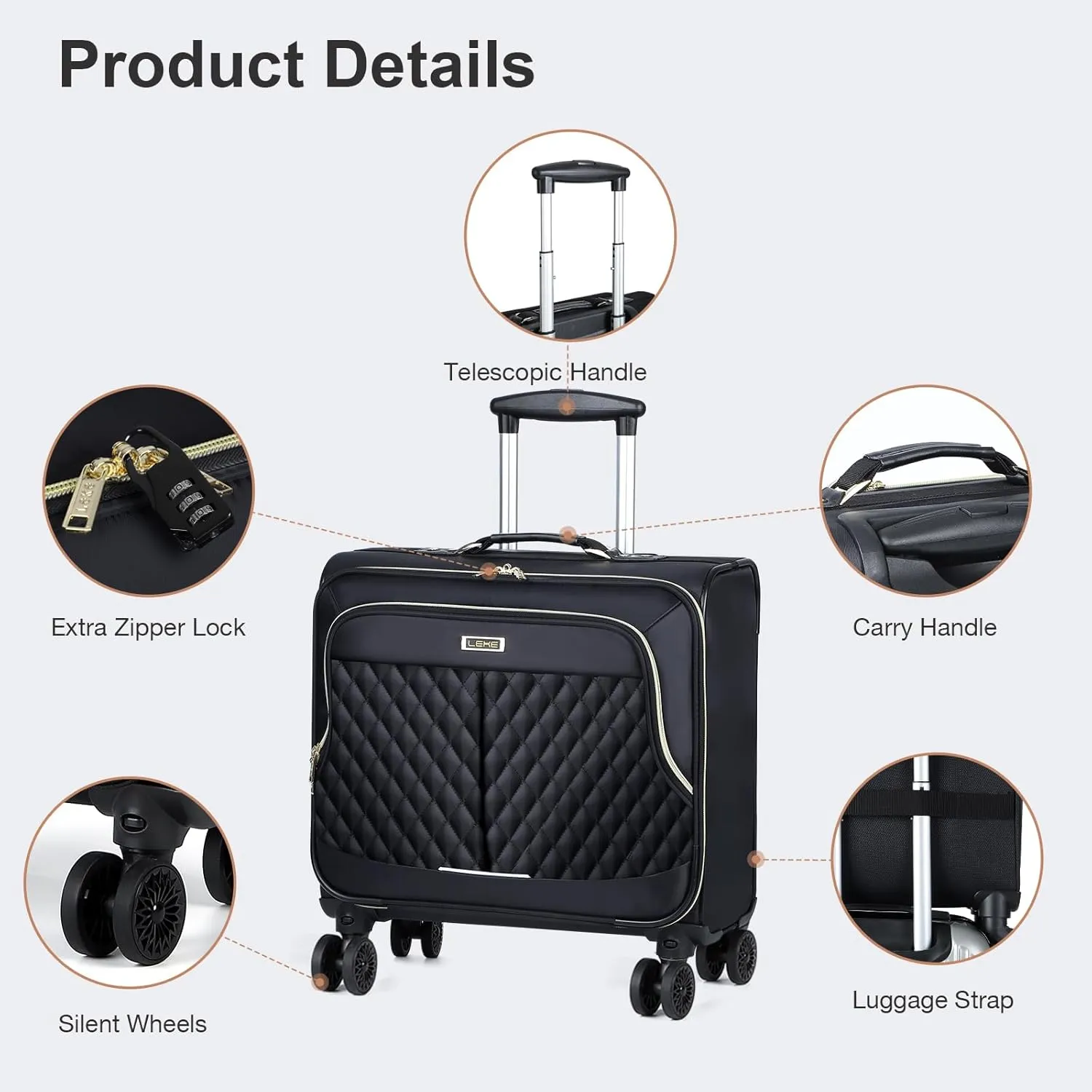 Lekebobor Rolling Laptop Bag Rolling Laptop Briefcase on Wheels for Women/Men Fits Up to 17.3Inch computer Bags Water Resistant for Work Travel and Business, Black Quilted