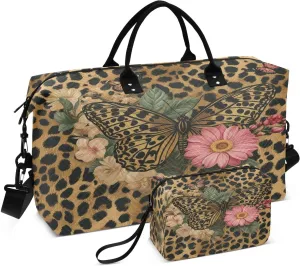 Leopard with Butterfly Travel Duffel Bag, Shoulder Weekender Overnight Bags - Large Gym Bag with Wet Pocket