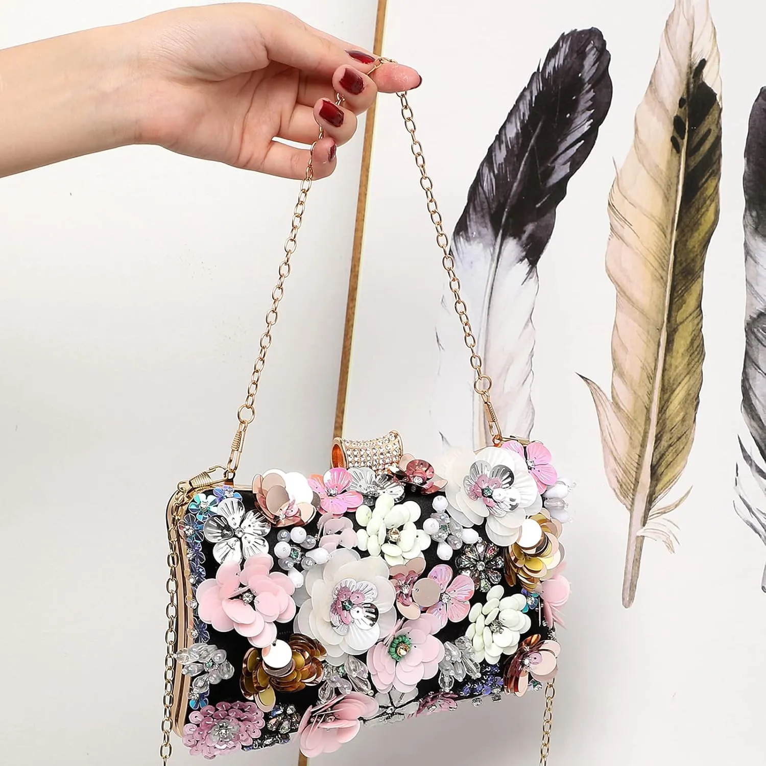 LETODE Flower Clutch Purse Evening Bag for Women Formal Party Handbag Chain Strap Shoulder Bag