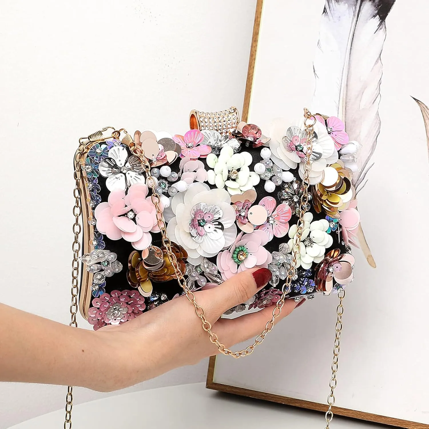 LETODE Flower Clutch Purse Evening Bag for Women Formal Party Handbag Chain Strap Shoulder Bag