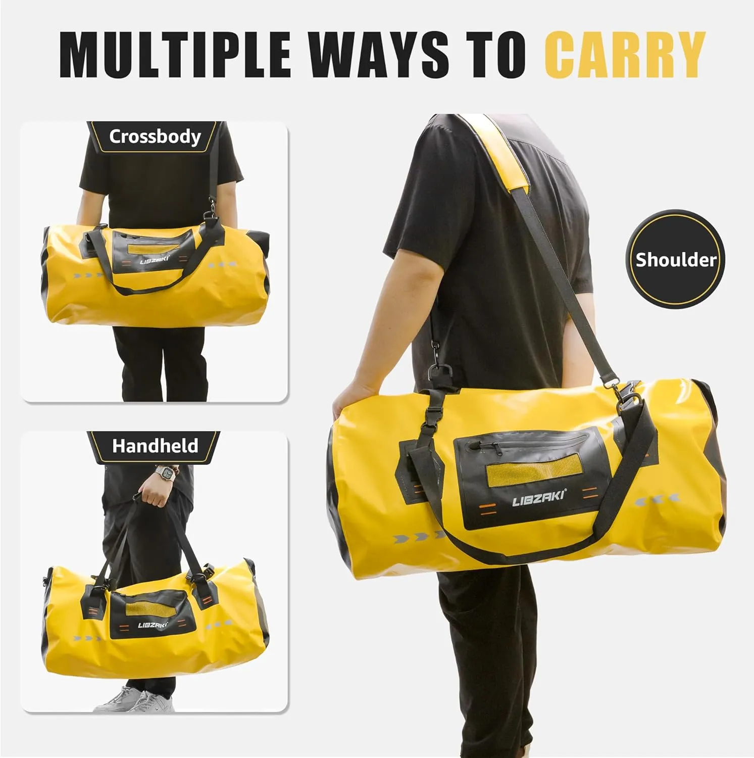 LIBZAKI High-Vis Waterproof Duffel Bag - PVC Rolltop Dry Bag with Locking Straps for Motorcycle Travel, Beach & Emergency Gear 70L Black/Yellow