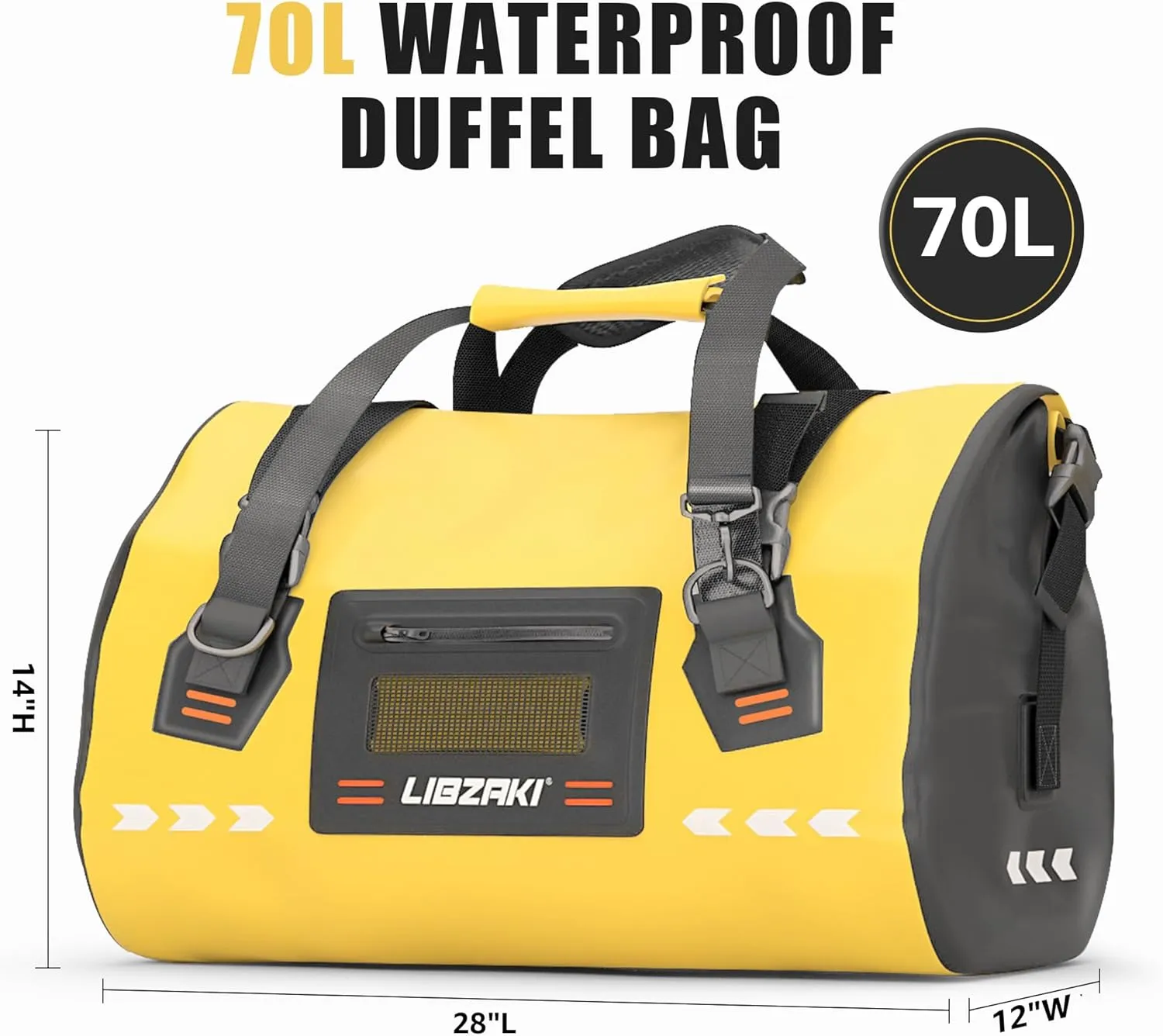 LIBZAKI High-Vis Waterproof Duffel Bag - PVC Rolltop Dry Bag with Locking Straps for Motorcycle Travel, Beach & Emergency Gear 70L Black/Yellow