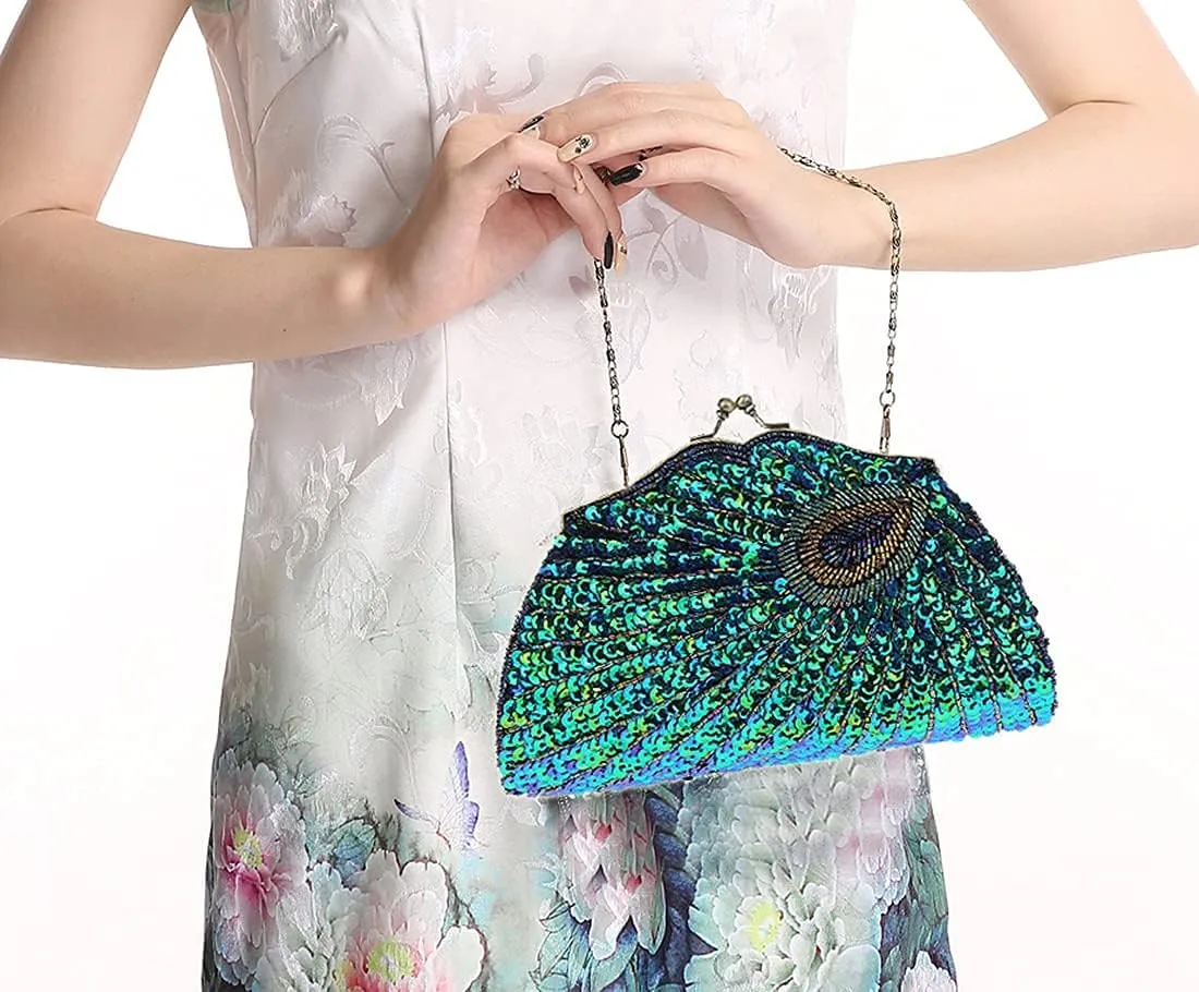 LIFEWISH Women's Unique Luxury Sequins Beaded Evening Bag Wedding Bridal Party Prom Clutch Purse tote Handbag（Peacock blue）