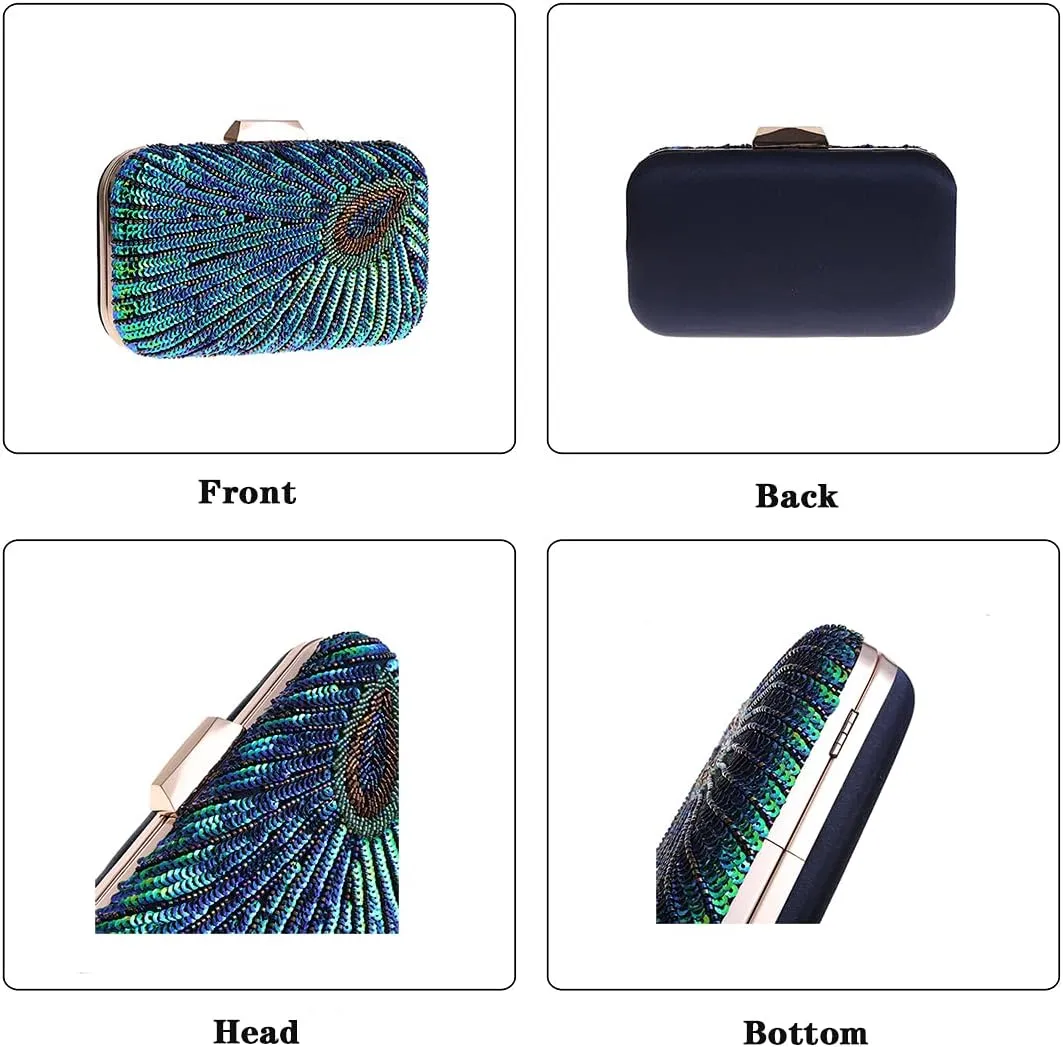 LIFEWISH Women's Unique Luxury Sequins Beaded Evening Bag Wedding Bridal Party Prom Clutch Purse tote Handbag（Peacock blue）