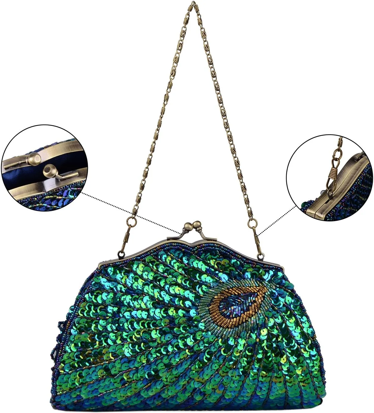 LIFEWISH Women's Unique Luxury Sequins Beaded Evening Bag Wedding Bridal Party Prom Clutch Purse tote Handbag（Peacock blue）