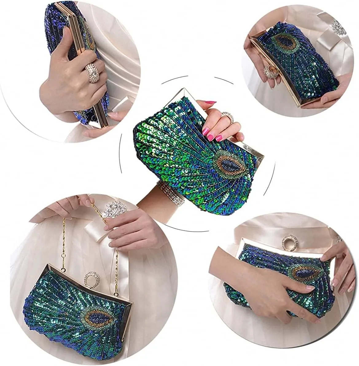 LIFEWISH Women's Unique Luxury Sequins Beaded Evening Bag Wedding Bridal Party Prom Clutch Purse tote Handbag（Peacock blue）