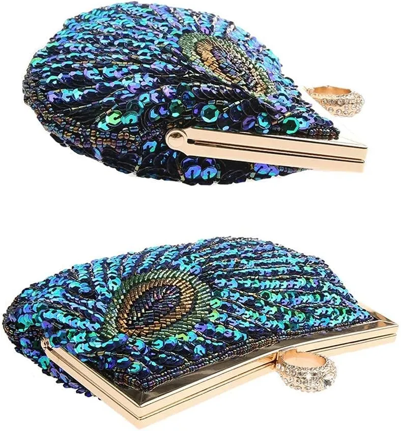 LIFEWISH Women's Unique Luxury Sequins Beaded Evening Bag Wedding Bridal Party Prom Clutch Purse tote Handbag（Peacock blue）