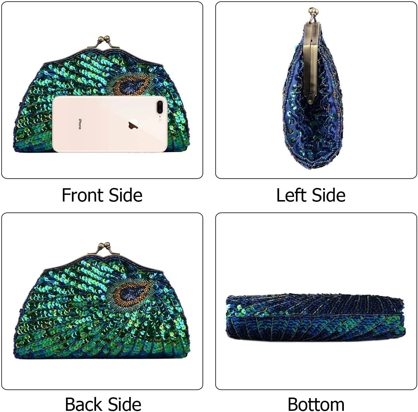 LIFEWISH Women's Unique Luxury Sequins Beaded Evening Bag Wedding Bridal Party Prom Clutch Purse tote Handbag（Peacock blue）