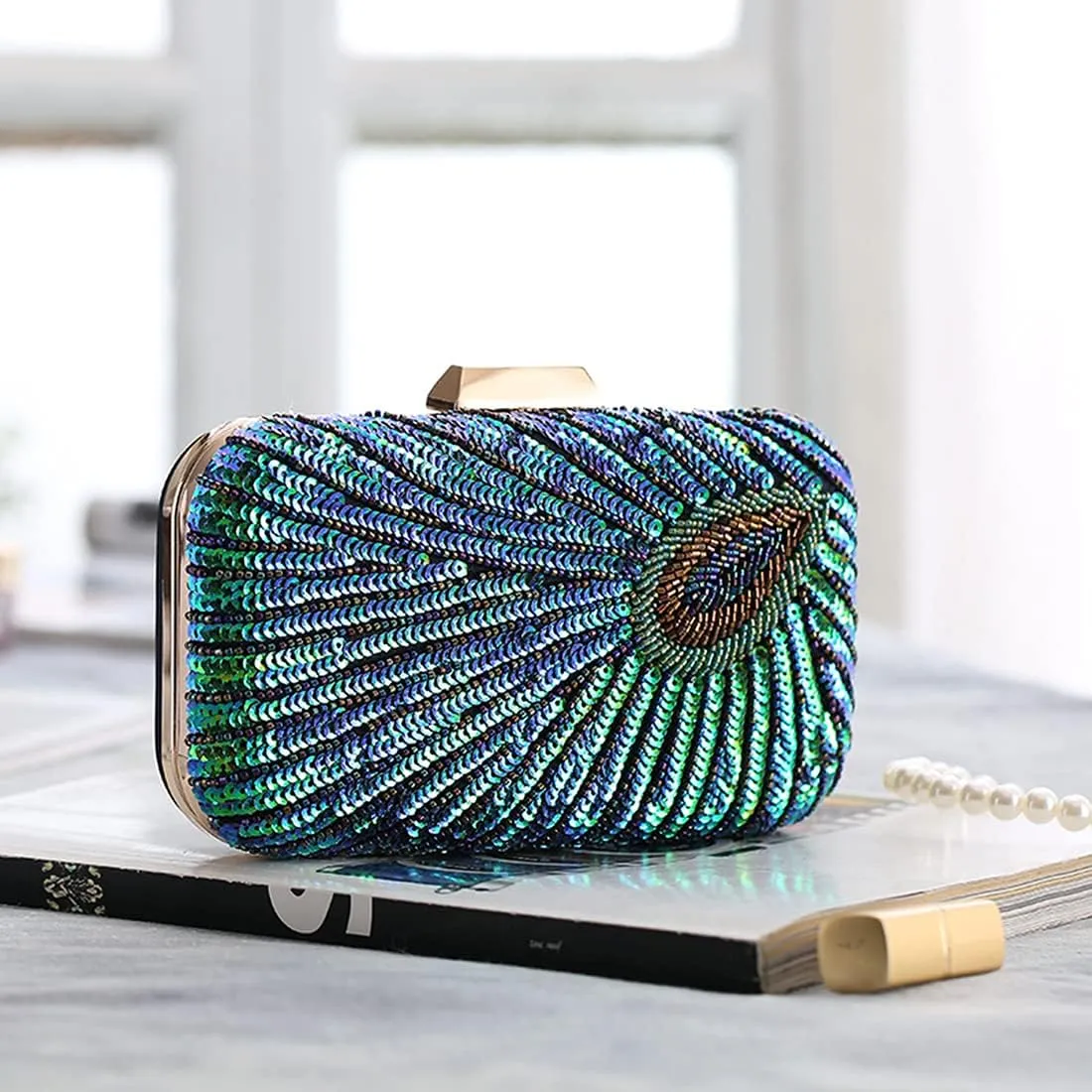 LIFEWISH Women's Unique Luxury Sequins Beaded Evening Bag Wedding Bridal Party Prom Clutch Purse tote Handbag（Peacock blue）
