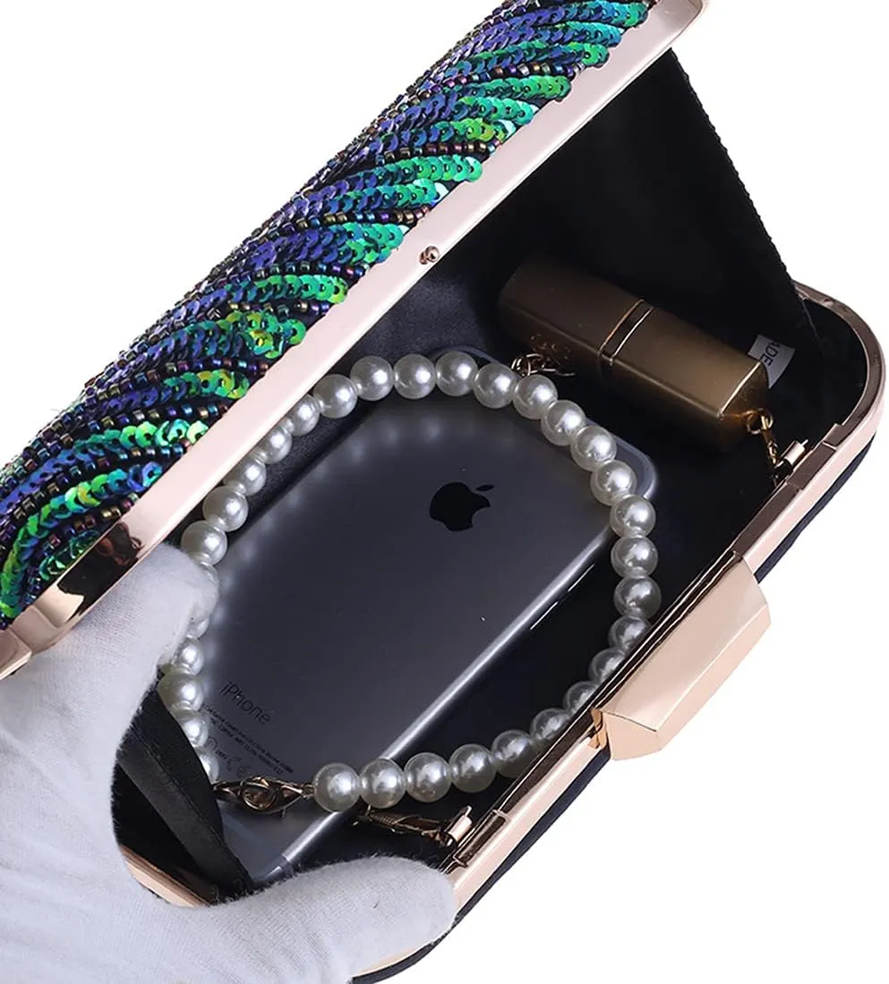 LIFEWISH Women's Unique Luxury Sequins Beaded Evening Bag Wedding Bridal Party Prom Clutch Purse tote Handbag（Peacock blue）