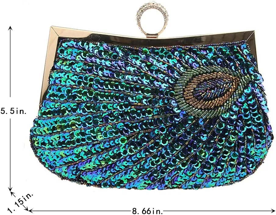 LIFEWISH Women's Unique Luxury Sequins Beaded Evening Bag Wedding Bridal Party Prom Clutch Purse tote Handbag（Peacock blue）