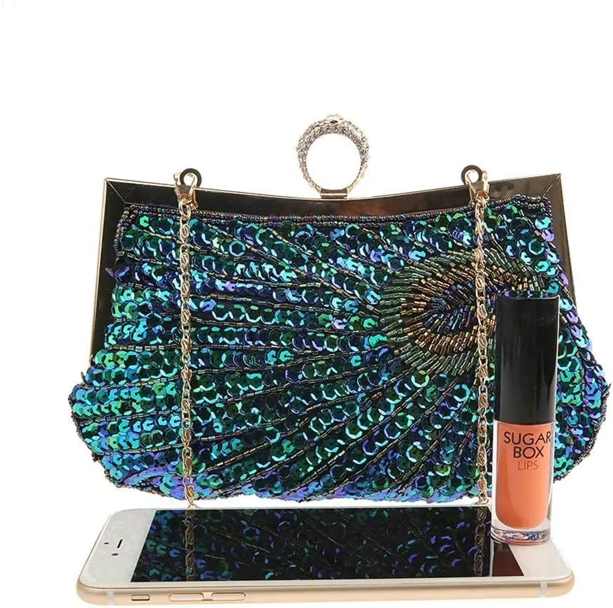 LIFEWISH Women's Unique Luxury Sequins Beaded Evening Bag Wedding Bridal Party Prom Clutch Purse tote Handbag（Peacock blue）